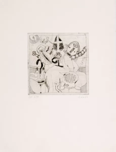 Hans Schärer — 5 Blätter: Exit, 1973; Der Ritter, 1977; Ohne Titel, 1982; Ohne Titel, 1983; Ohne Titel, 1997