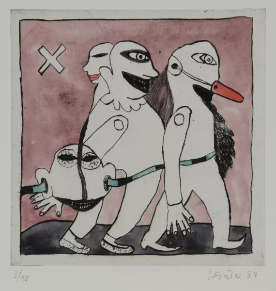 Hans Schärer — 4 Blätter: Spaziergang, 1984; Trompeter, 1986; Allerlei Spielzeug, 1987; Hase, 1988