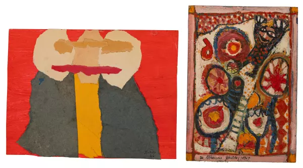 Objektbeschrieb : Konvolut mit zwei Arbeiten auf Postkartenpapier: eine Mischtechnik, signiert, mit Widmung und datiert 1967, krakeliert und mit Farbverlust (21 × 14,7 cm); sowie eine Collage, signier