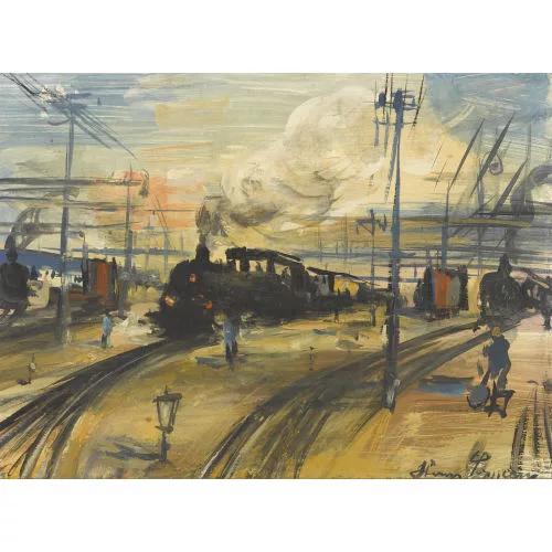 Hans Soppera — Bahnhofspartie mit Dampflokomotive.