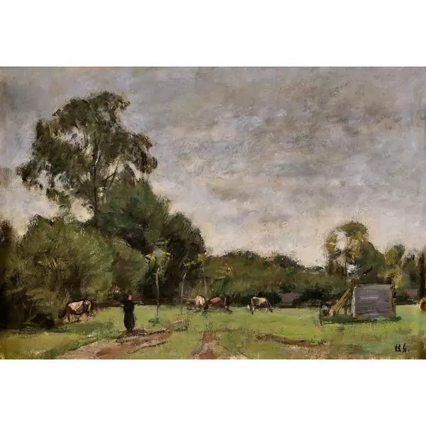 Landschaft mit Kühen und Bäuerin