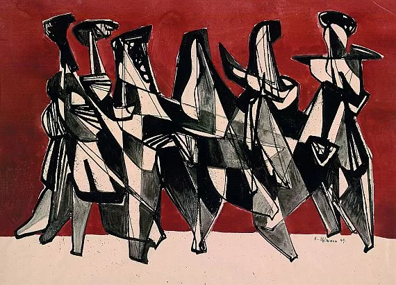 Hans Uhlmann — Ohne Titel (6 schwarze Figuren vor rotbraunem Grund)