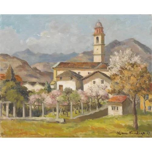Hans Vautier — Dorfpartie im Frühling mit Bündner Kirche und Obstgarten.