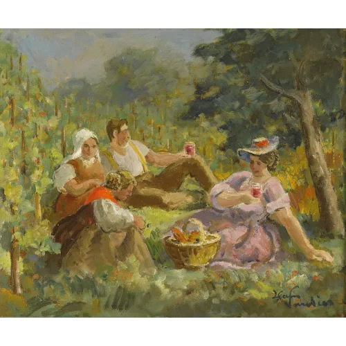 Hans Vautier — Weinbauern beim Frühstück im Freien.