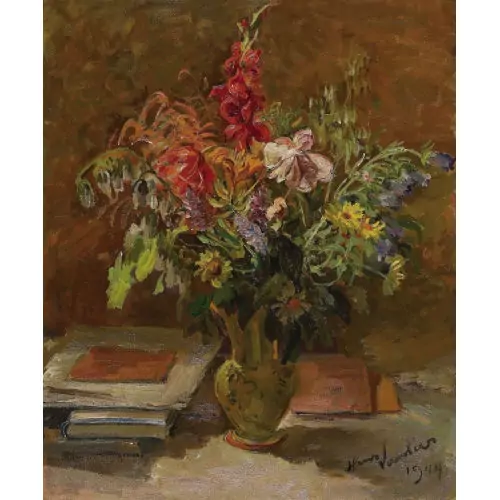 Stillleben mit Blumenstrauss und Büchern