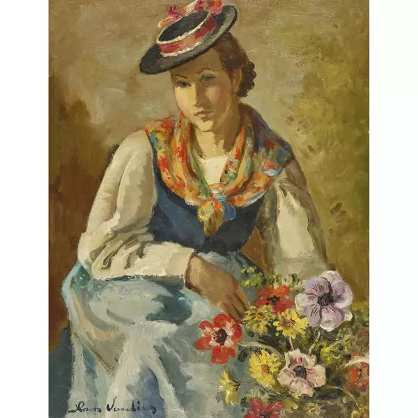 "Walliserin mit Blumen"