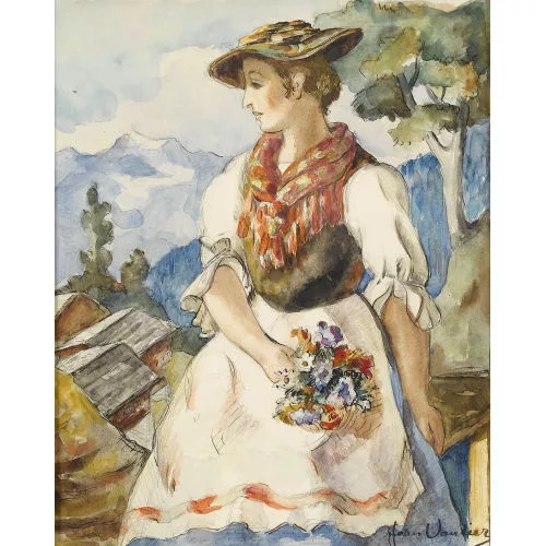 Hans Vautier — "Walliser Bergmädchen mit Blumen".