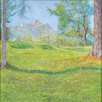 Hans Walter Beyer — Berglandschaft mit grüner Wiese bei Ftan, 1934