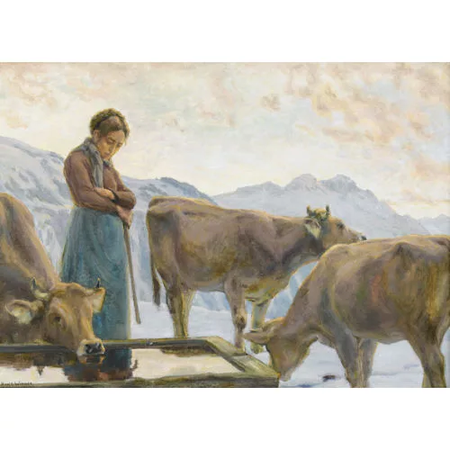 Hans Widmer — Kühe an der Tränke mit Bäuerin im Winter.
