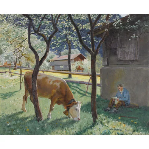Hans Widmer — Dorfpartie mit lesendem Bauer und weidender Kuh.