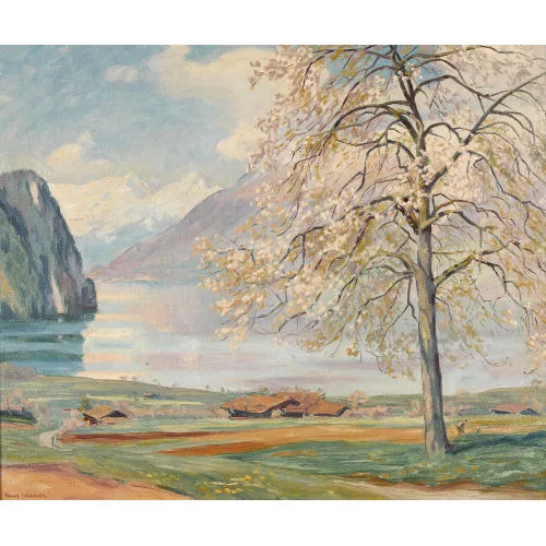 Hans Widmer — Landschaftspartie im Frühling oberhalb eines Alpsees.