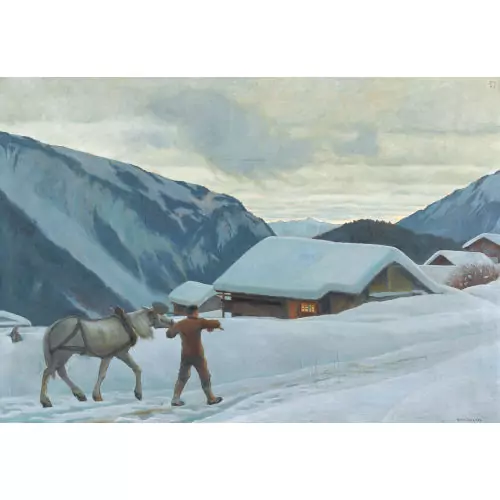 Winterlicher Sonnenaufgang mit Bauer und Pferd im Gebirge