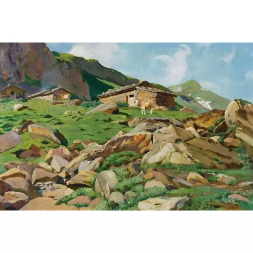 Sommerliche Alp mit weidenden Kühen