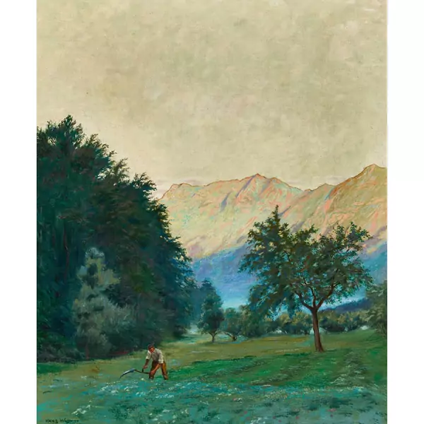 Berglandschaft mit Bauer beim Mähen