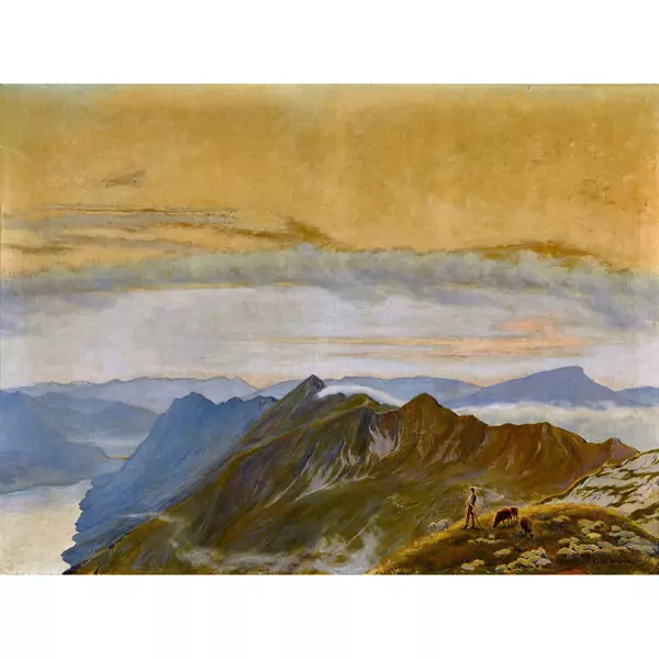 Hirte mit Schafen oberhalb des Brienzersees