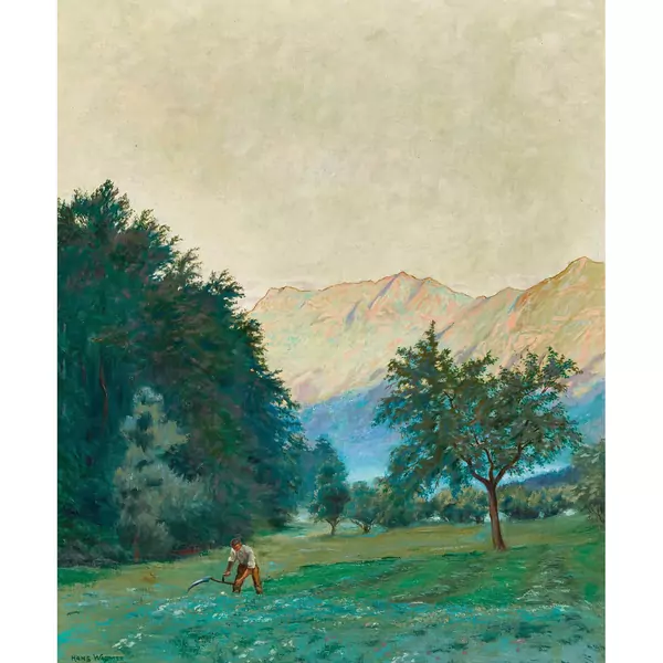 Berglandschaft mit Bauer beim Mähen