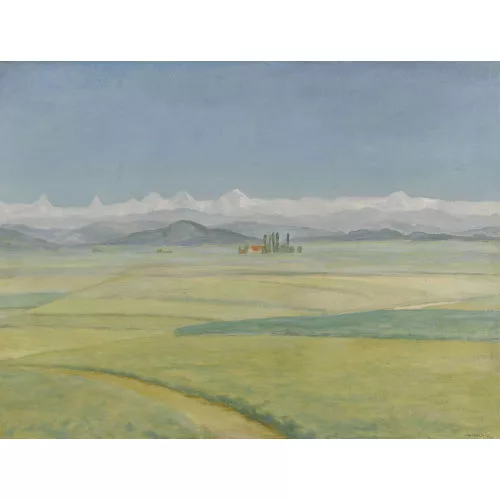 Hans Zaugg — Sommerliche Feldlandschaft mit Berner Alpenpanorama.