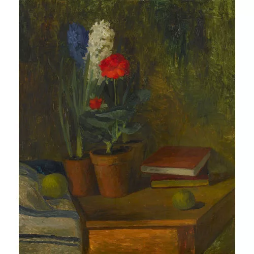 Hans Zaugg — Stillleben mit Blumentöpfen und Büchern.