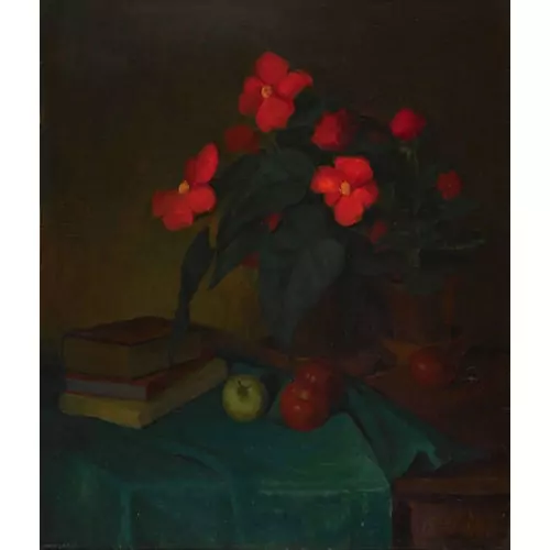 Stillleben mit Blumen, Büchern und Äpfeln