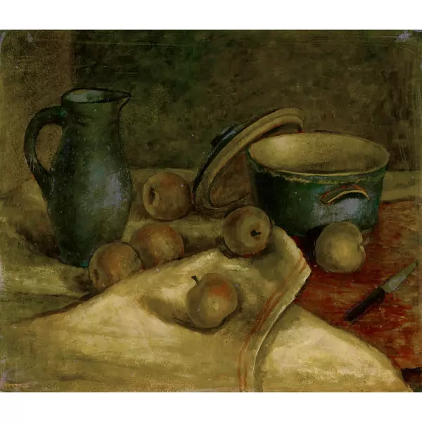 Stillleben mit Krug, Deckelgefäss und Äpfeln