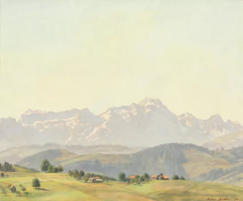Hans Zeller — Sommermorgen. Blick auf Säntis und Altmann, 1948