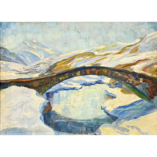 Winterlicher Bergbach mit Brücke