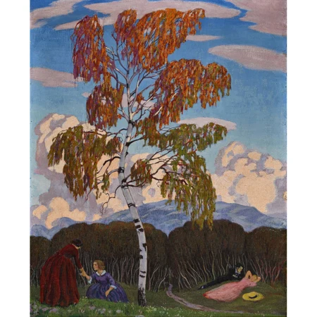 Landschaft mit Birke und rastender Gesellschaft