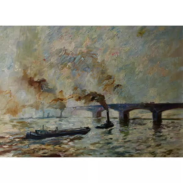 Dampfer und Frachtschiff vor einer Flussbrücke