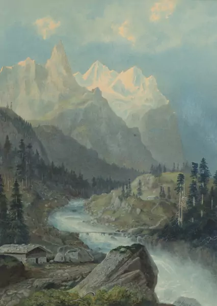Heinrich JENNY (1824-1891), "Vue du Wellhorn et du Wetterhorn", aquarelle, pastel et gouache — DognyAuction