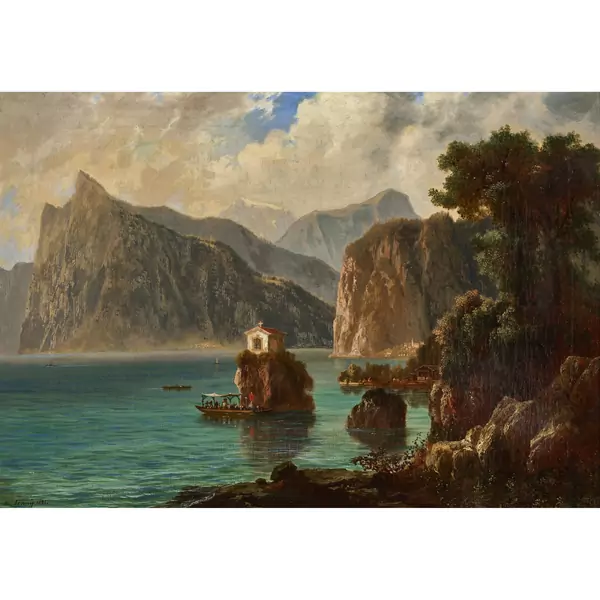 Bergsee mit Bootsprozession