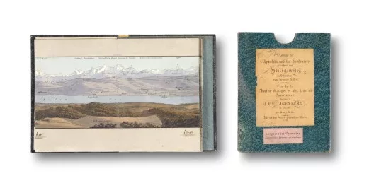 Heinrich Keller — Aussicht der Alpenkette und des Bodensees gezeichnet auf Heiligenberg in Schwaben