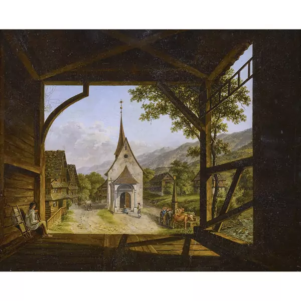 Bäuerliche Landschaftspartie mit einer Kapelle