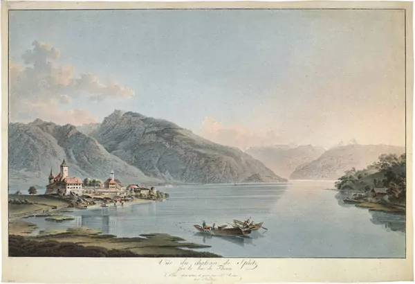 Heinrich Rieter — Vue du Chateau de Spietz/sur le Lac de Thoune/ Peint d’après Nature et gravé par H. Rieter/avec Privilège — Galerie Kornfeld