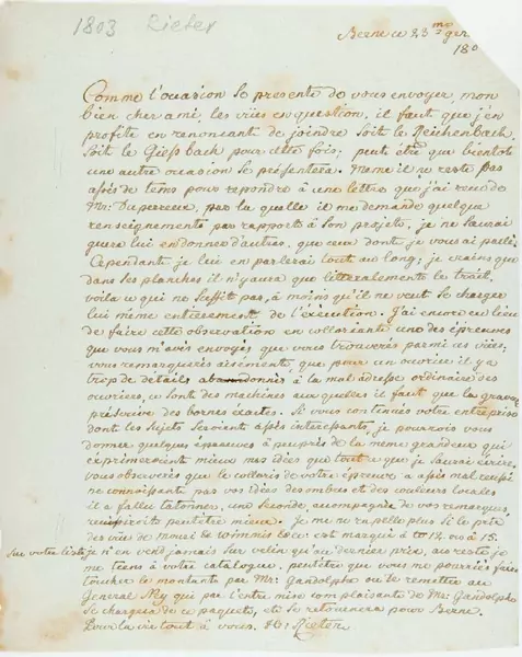 Heinrich Rieter — Eigenhändiger Brief mit Unterschrift «H. Rieter». Bern 23.I.180[3?]. — Galerie Kornfeld