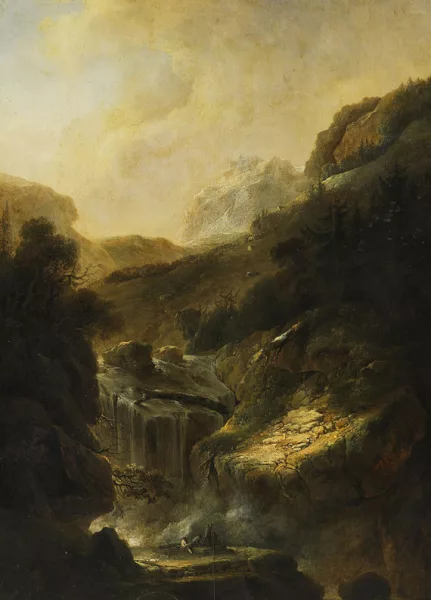 Heinrich Wüest — Gemäldepaar: Ideale Gebirgslandschaften mit Wasserfall und Zeichnern