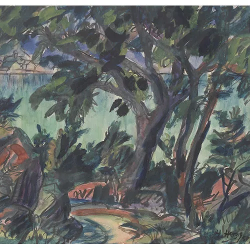 Heinrich Herzig — Waldpartie mit Seeufer.
