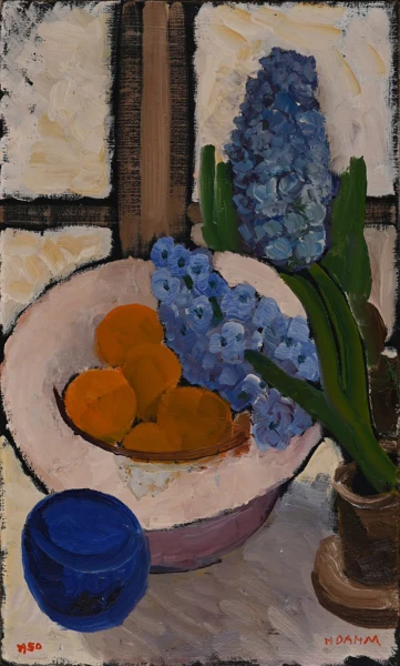 Helen Dahm — Stillleben mit Obstschale und Hyazinthen, 1950