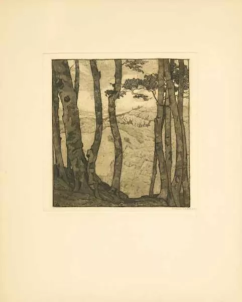 HELEN DAHM — 1. Bewaldete Landschaft, im Hintergrund eine Stadt; 2. Baumstämme vor einer hügeligen Landschaft. — Koller Auktionen
