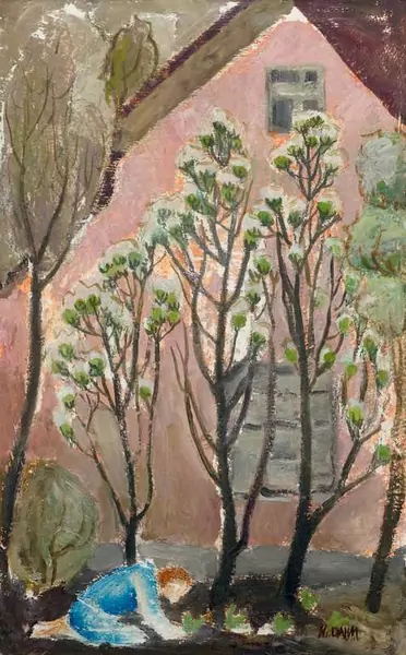 HELEN DAHM — A farm with trees and a figure in the foreground. — Koller Auktionen
