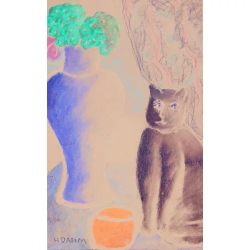 Helen Dahm — Blumenvase und Katze.