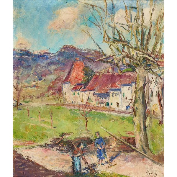 Helene Roth — Herbstlandschaft mit zwei Frauen beim Laub rechen.