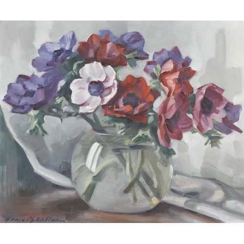 Henri Châtillon — Stillleben mit Anemonen in Glasschale.