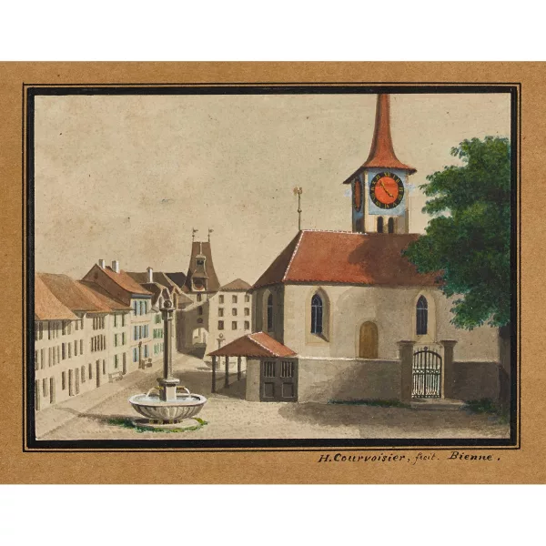 Henri Courvoisier-Voisin — Die Hauptstrasse von Nidau mit der St.-Erhard-Kirche.
