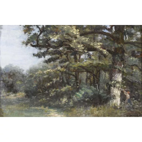 Henri Duvoisin — Waldrand mit Reisigsammlerin.