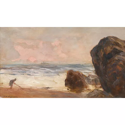 Henri-Édouard Huguenin — Küstenpartie mit Felsen und Figur.