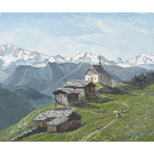 Henri-Édouard Huguenin — Bettmeralp mit Mischabel, Matterhorn und Weisshorn.