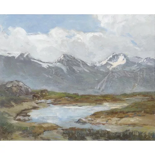 Henri-Édouard Huguenin — Bergsee mit Rindern in den Walliser Alpen.