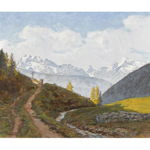 Henri-Édouard Huguenin — Riederalp mit Mischabel, Matterhorn und Weisshorn.