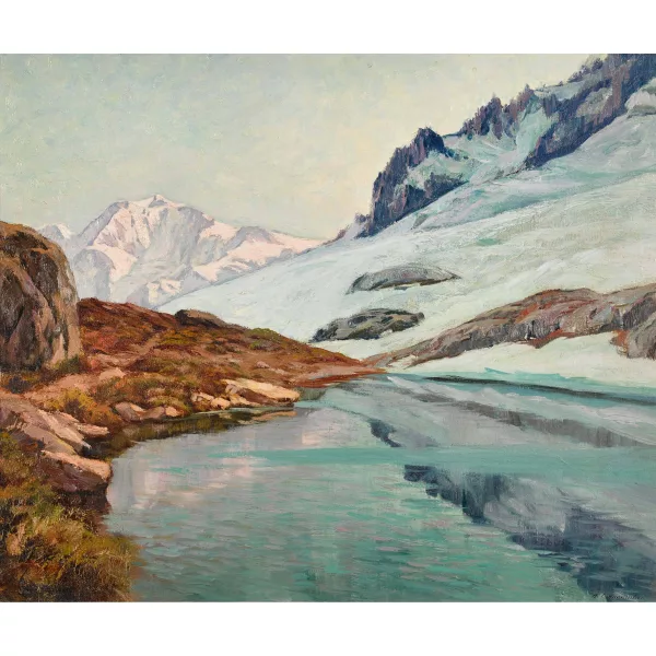 Henri-Édouard Huguenin — Berglandschaft mit See im Abendlicht.
