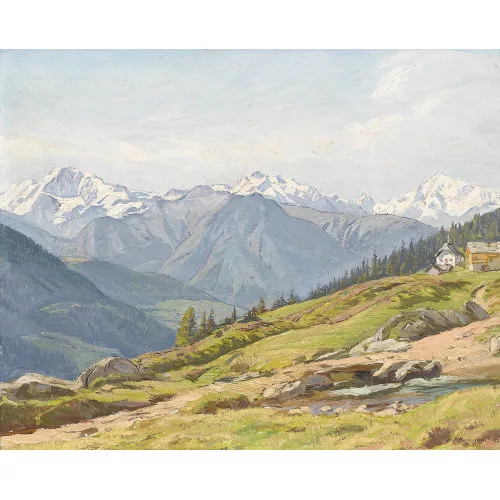 Henri-Édouard Huguenin — Sommerliche Ansicht der Bettmeralp mit Weisshorn.